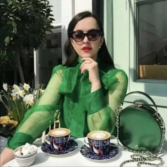 Zara Vibrant Green Sheer Bow Blouse, Size XL - Picture 9 of 11